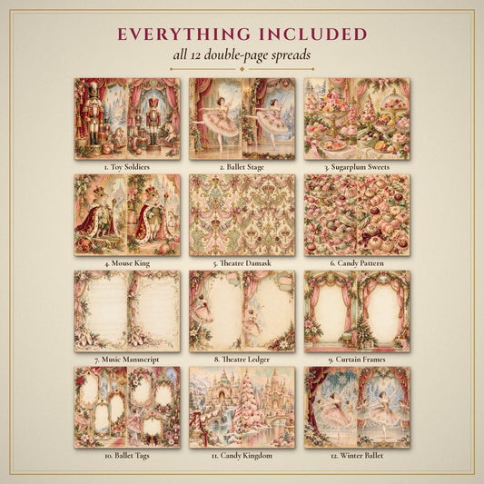 All 12 Nutcracker Ballet Christmas double-page spreads included in the printable junk journal kit