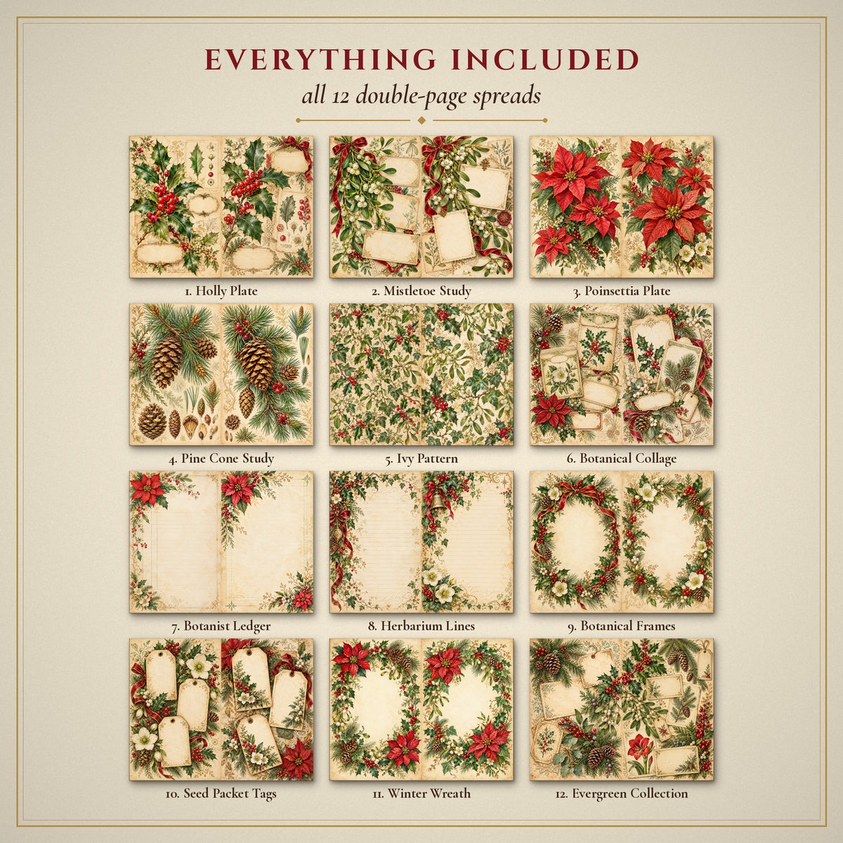 All 12 Christmas Botanicals & Ephemera double-page spreads included in the printable junk journal kit