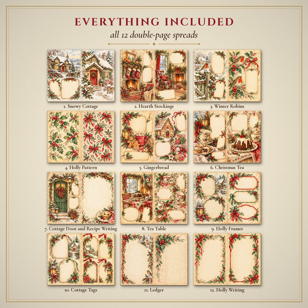 All 12 Red & Green Cottage Watercolour Christmas double-page spreads included in the printable junk journal kit