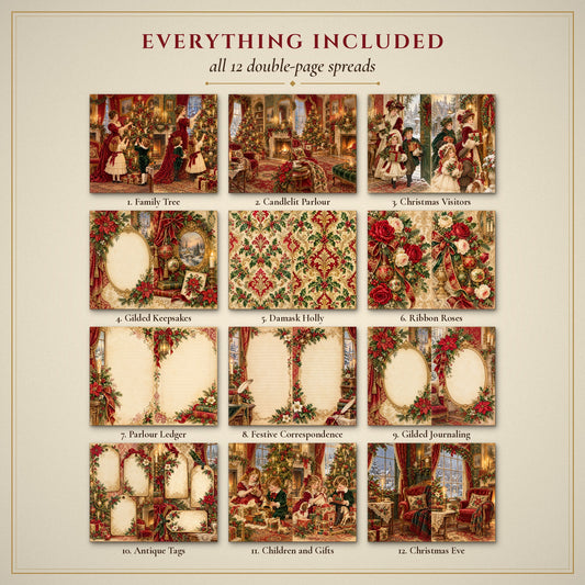 All 12 Victorian Parlour Christmas double-page spreads included in the printable junk journal kit