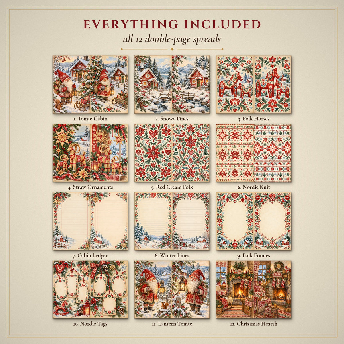 All 12 Nordic Folk Christmas double-page spreads included in the printable junk journal kit