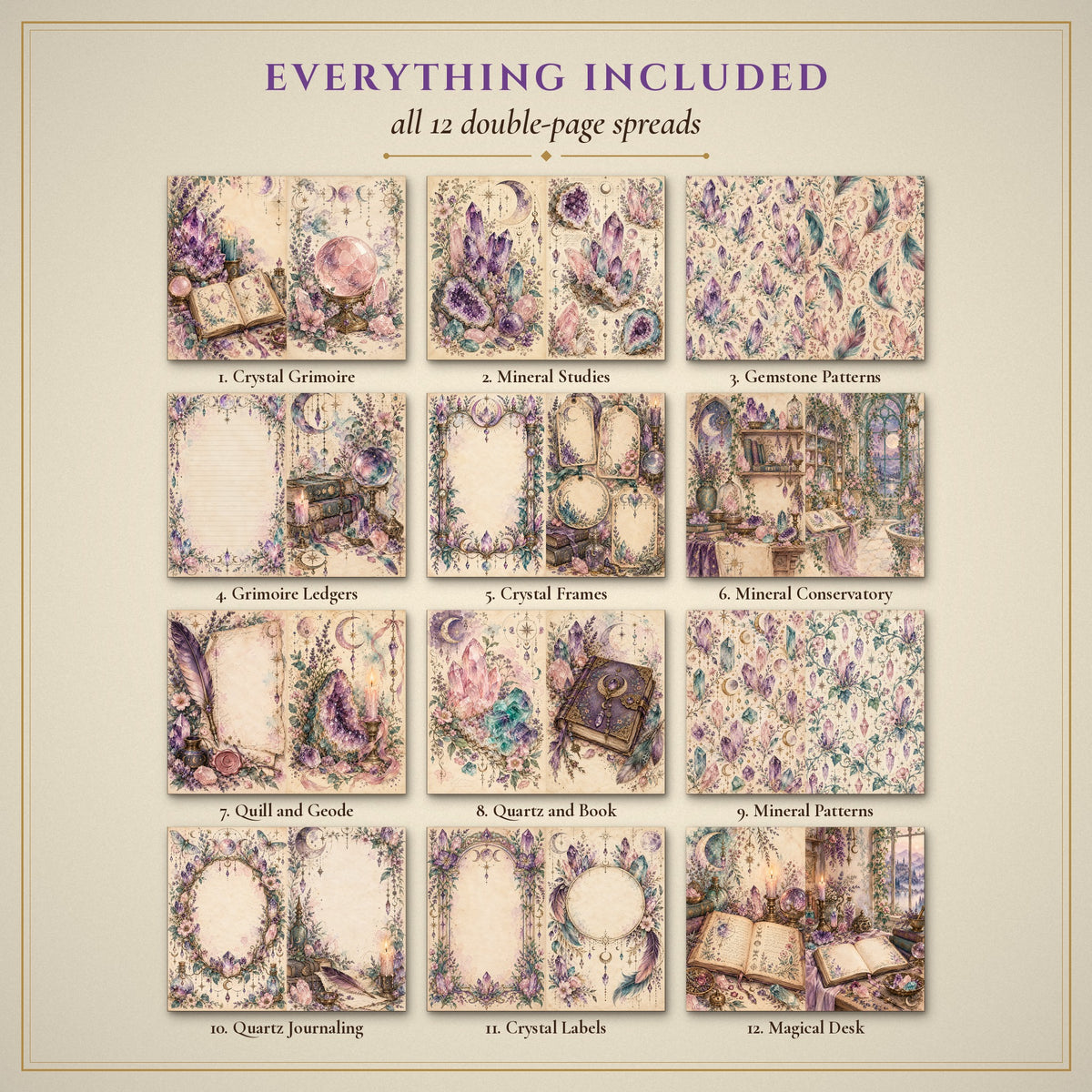 All 12 Crystal Grimoire Witch double-page spreads included in the printable junk journal kit