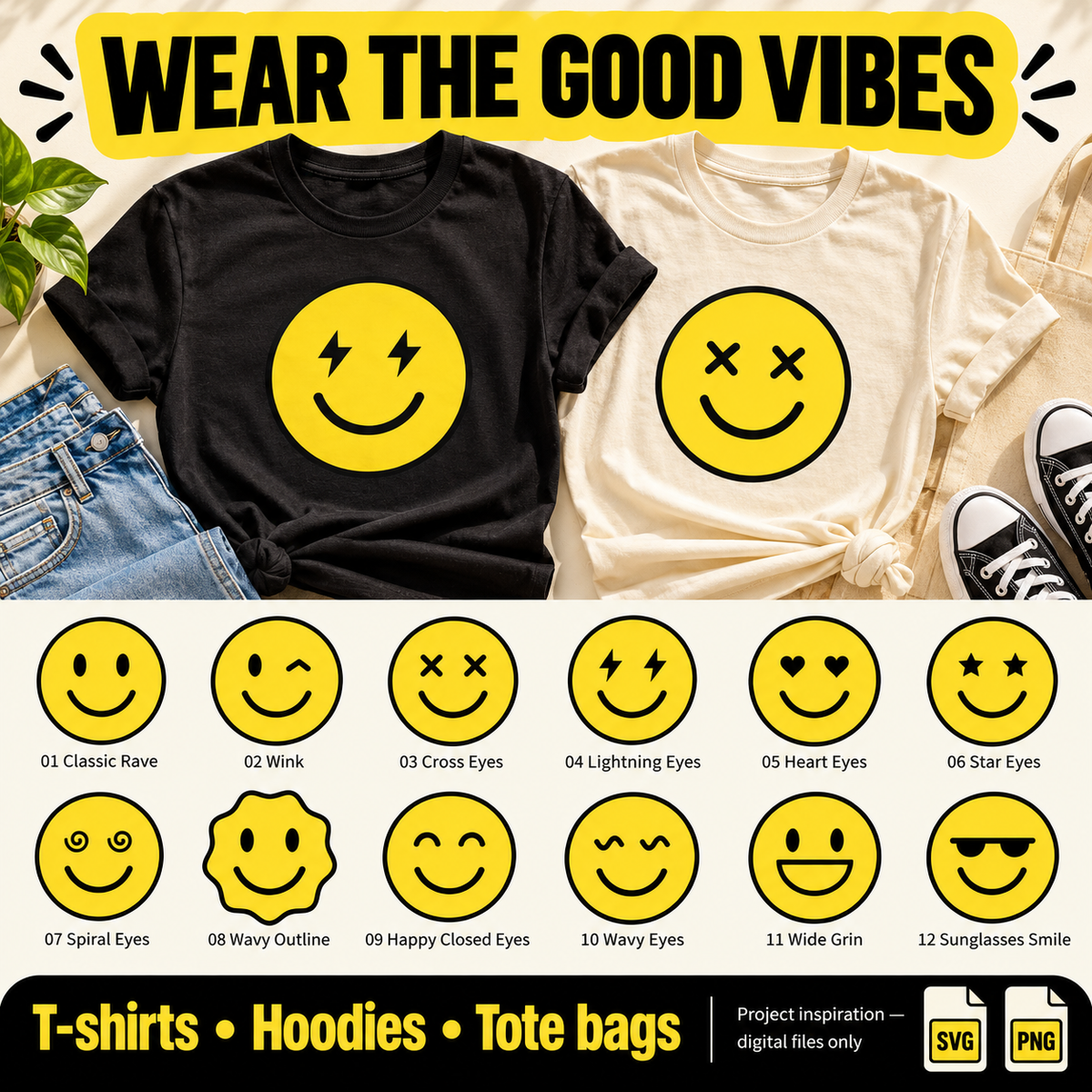 Acid Faces SVG Pack – 12 Yellow Smiley Designs with Transparent PNGs for Retro Rave Crafts and Sublimation