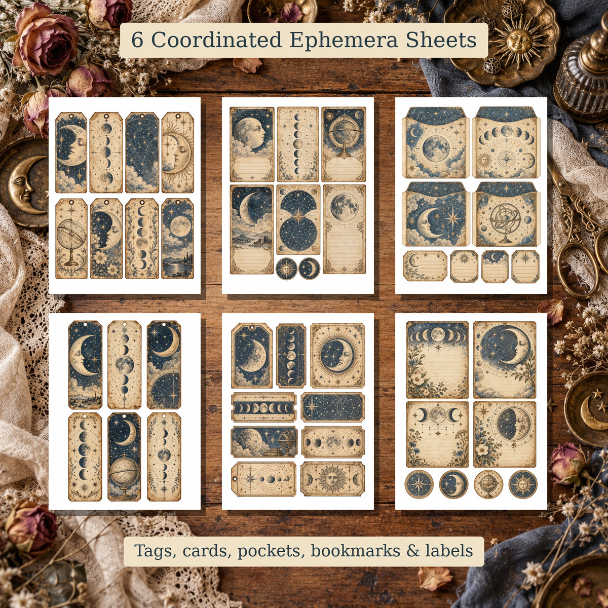 Faded Celestial Atlas Junk Journal Kit - 12 Double-Page Spreads + 6 Ephemera Sheets