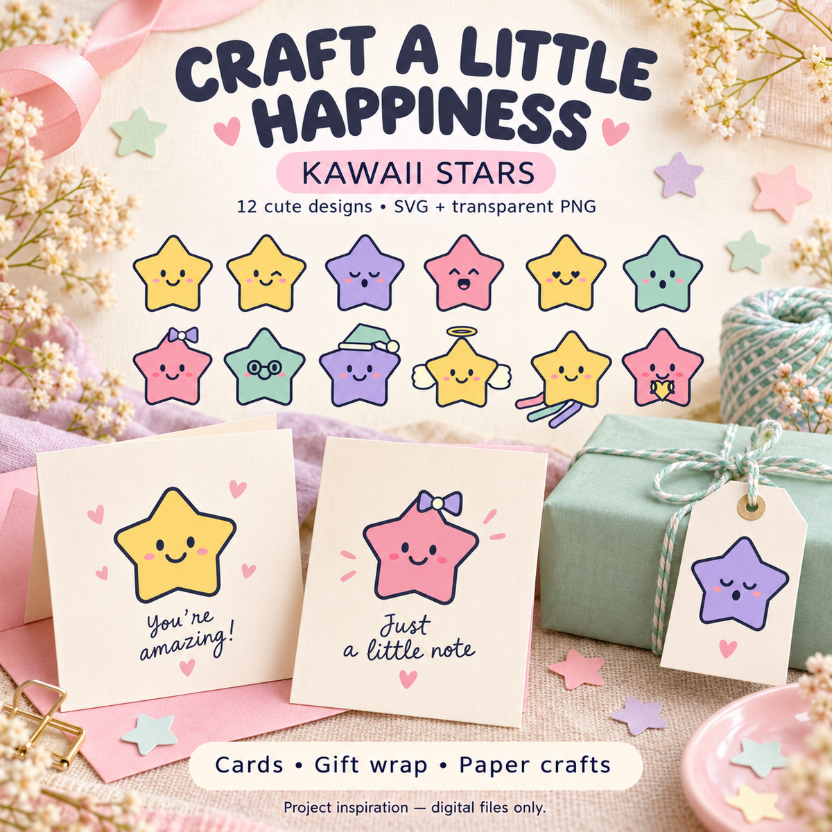 Kawaii Stars SVG Pack – 12 Cute Pastel Star Characters with Transparent PNGs for Crafts and Sublimation