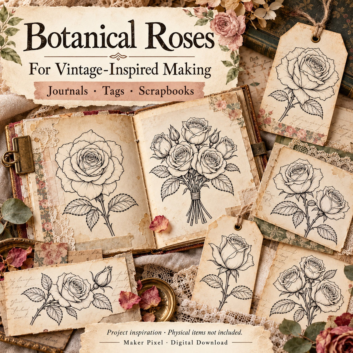 Botanical Roses SVG Pack – 12 Vintage Fine Art Line Drawings