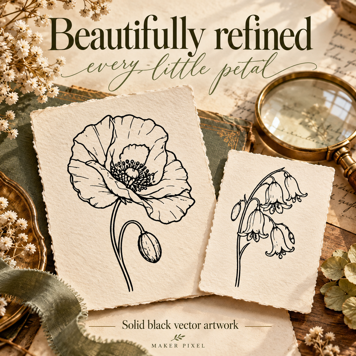 Vintage Wildflower SVG Set - 12 Fine Line Botanical Illustrations
