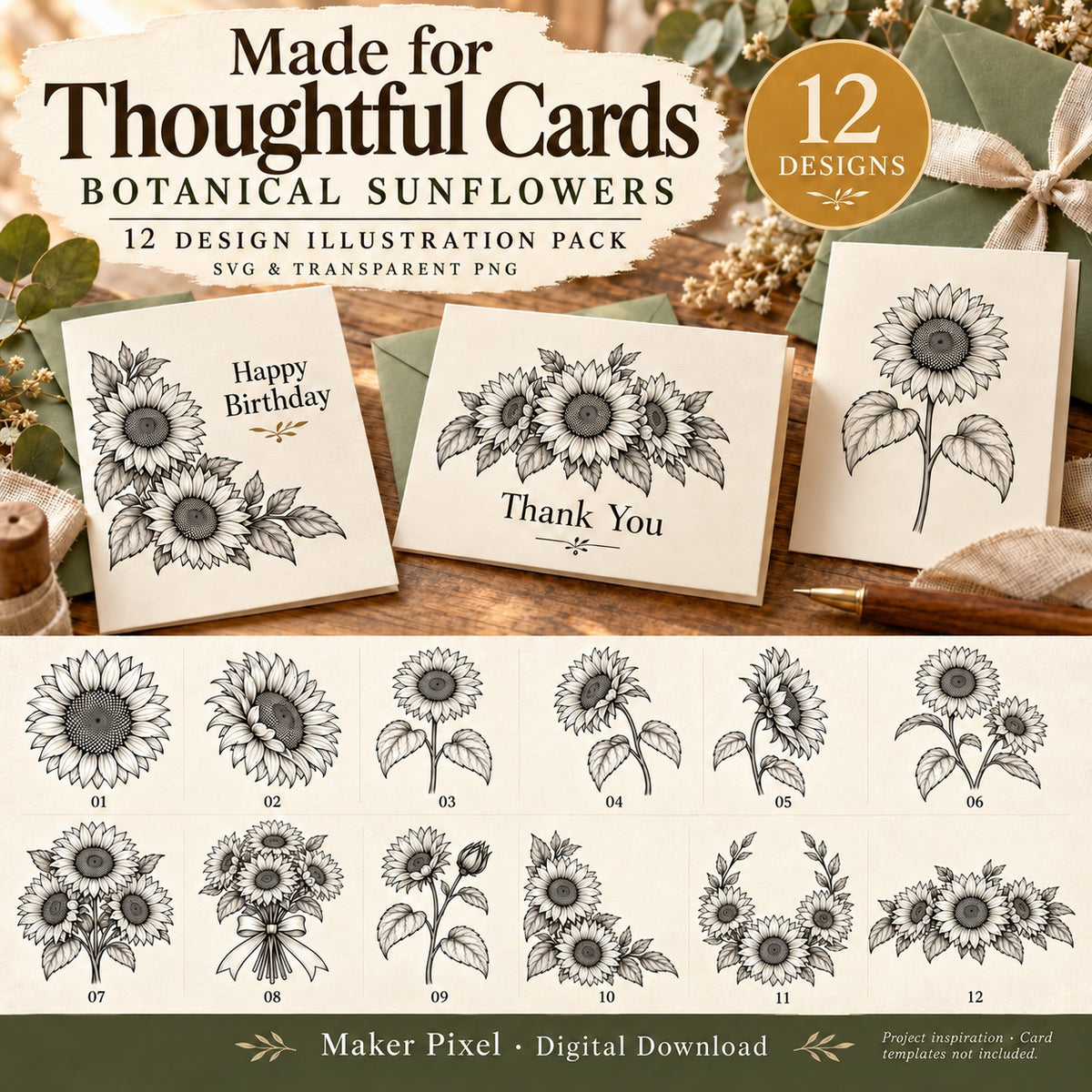 Botanical Sunflowers SVG & PNG Pack – 12 Vintage Line Art Designs