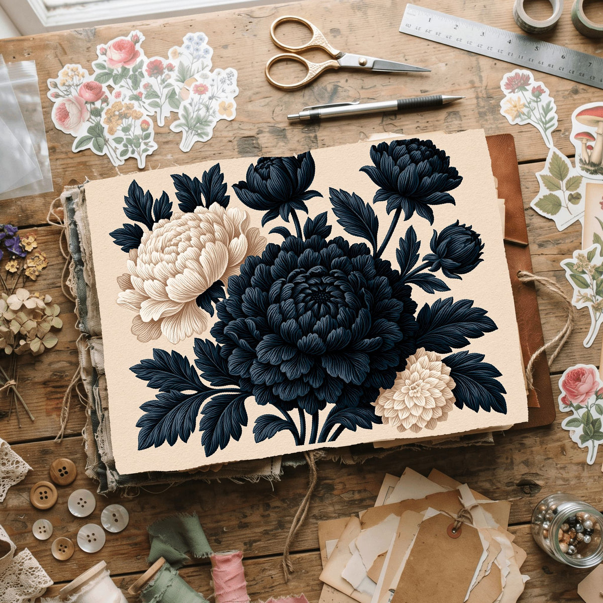 Vintage Black Ink Floral Illustration