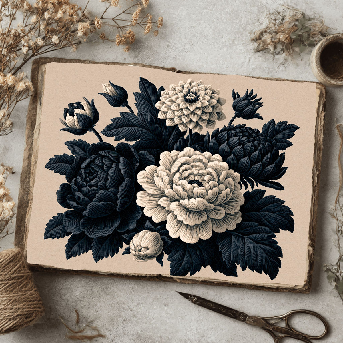 Vintage Black Ink Floral Illustration