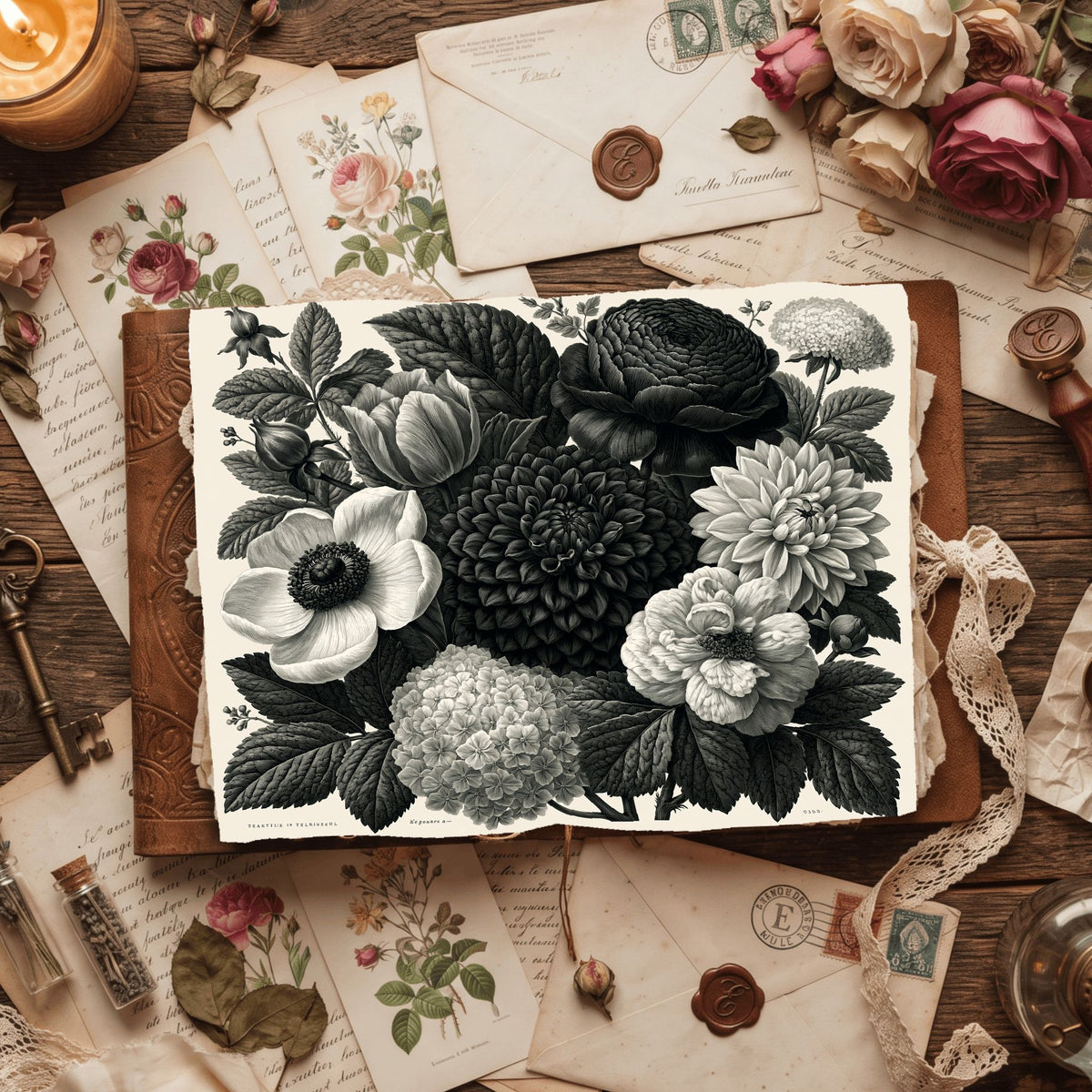 Vintage Black Ink Floral Illustration