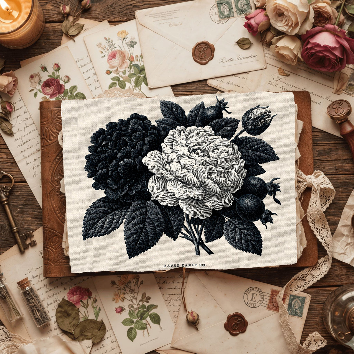 Vintage Black Ink Floral Illustration