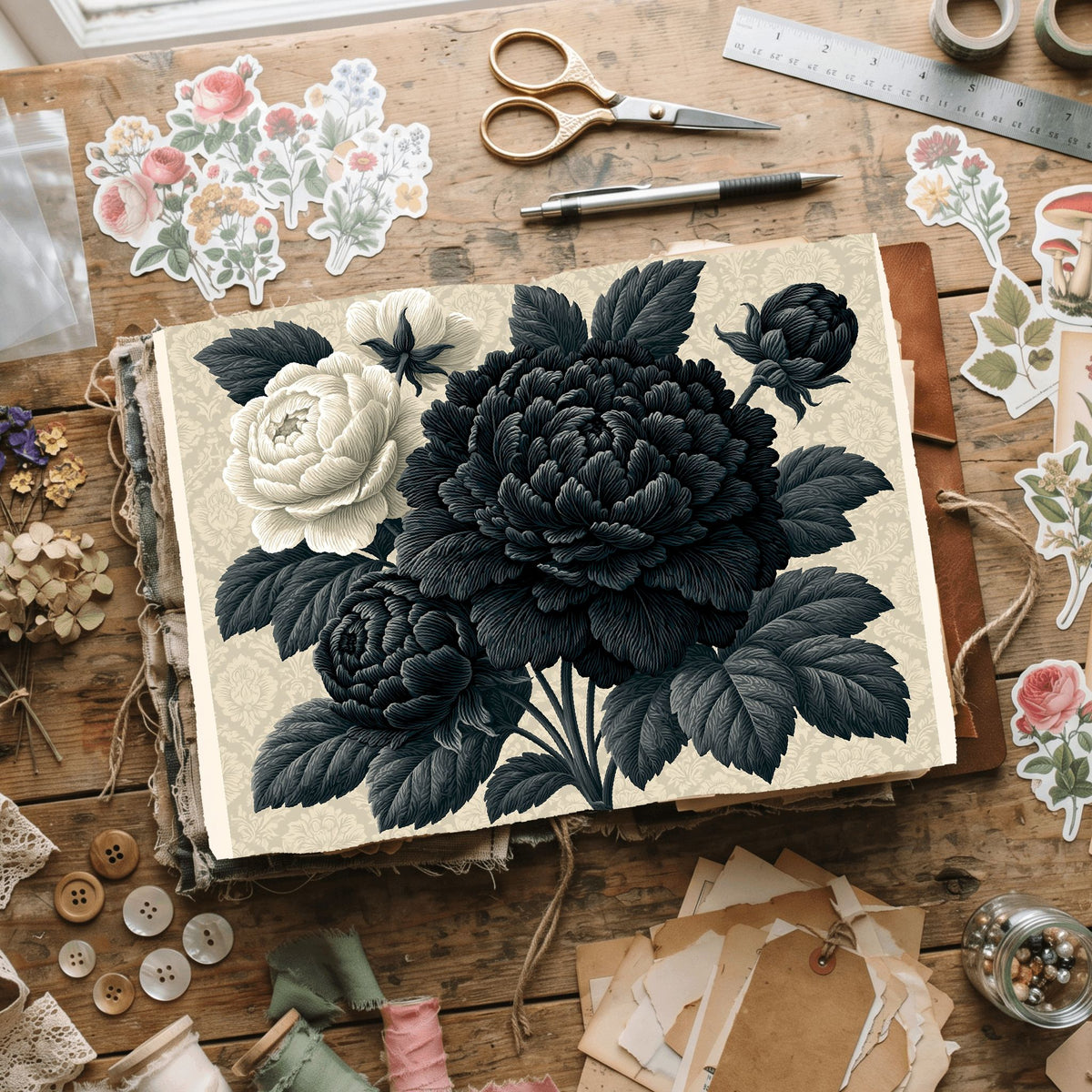 Vintage Black Ink Floral Illustration