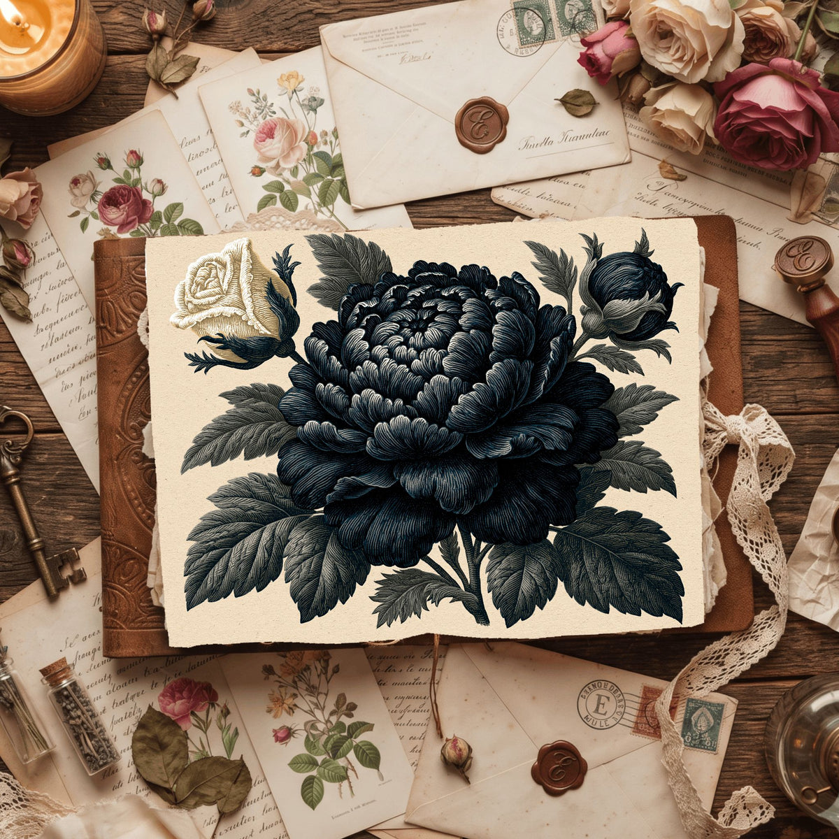 Vintage Black Ink Floral Illustration