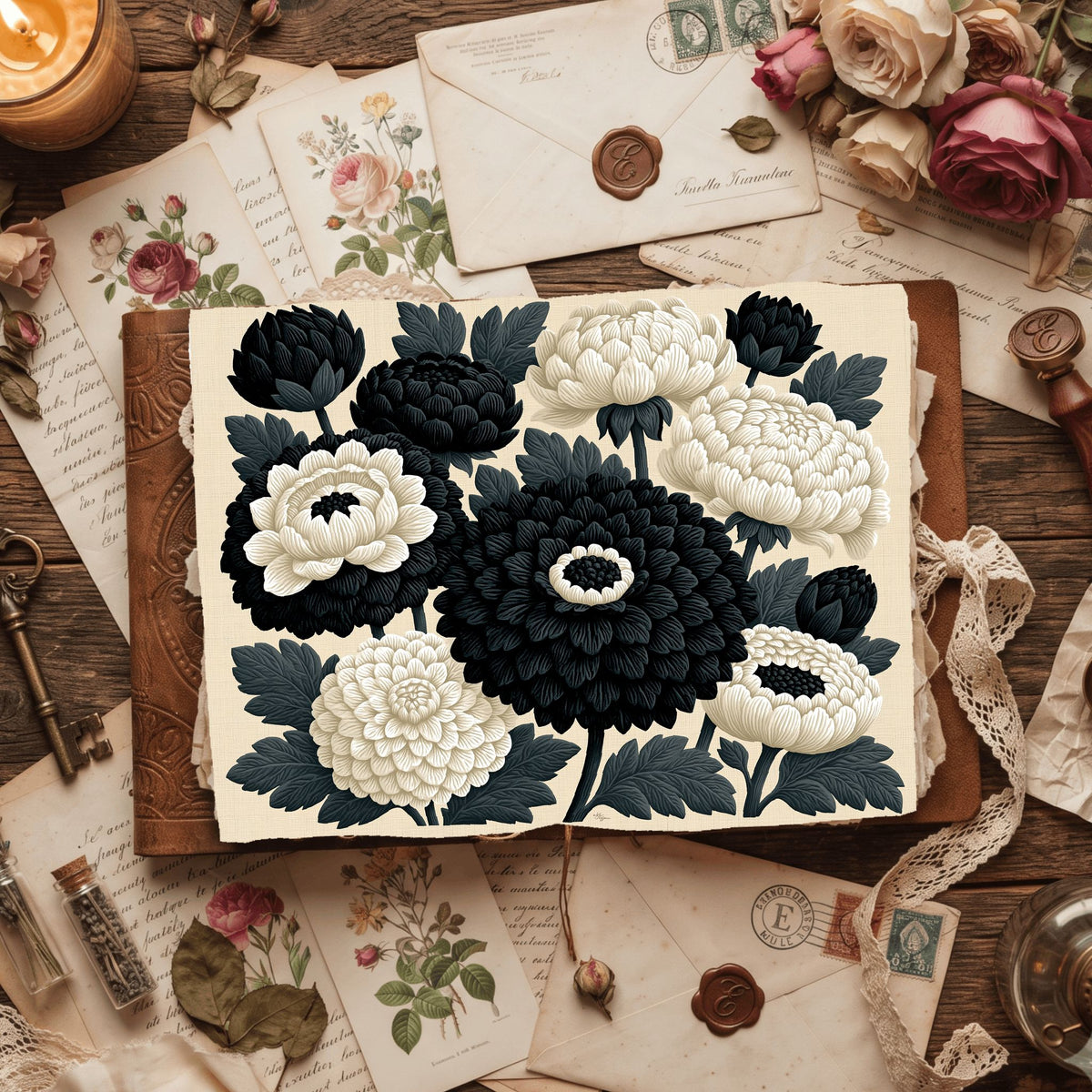 Vintage Black Ink Floral Illustration