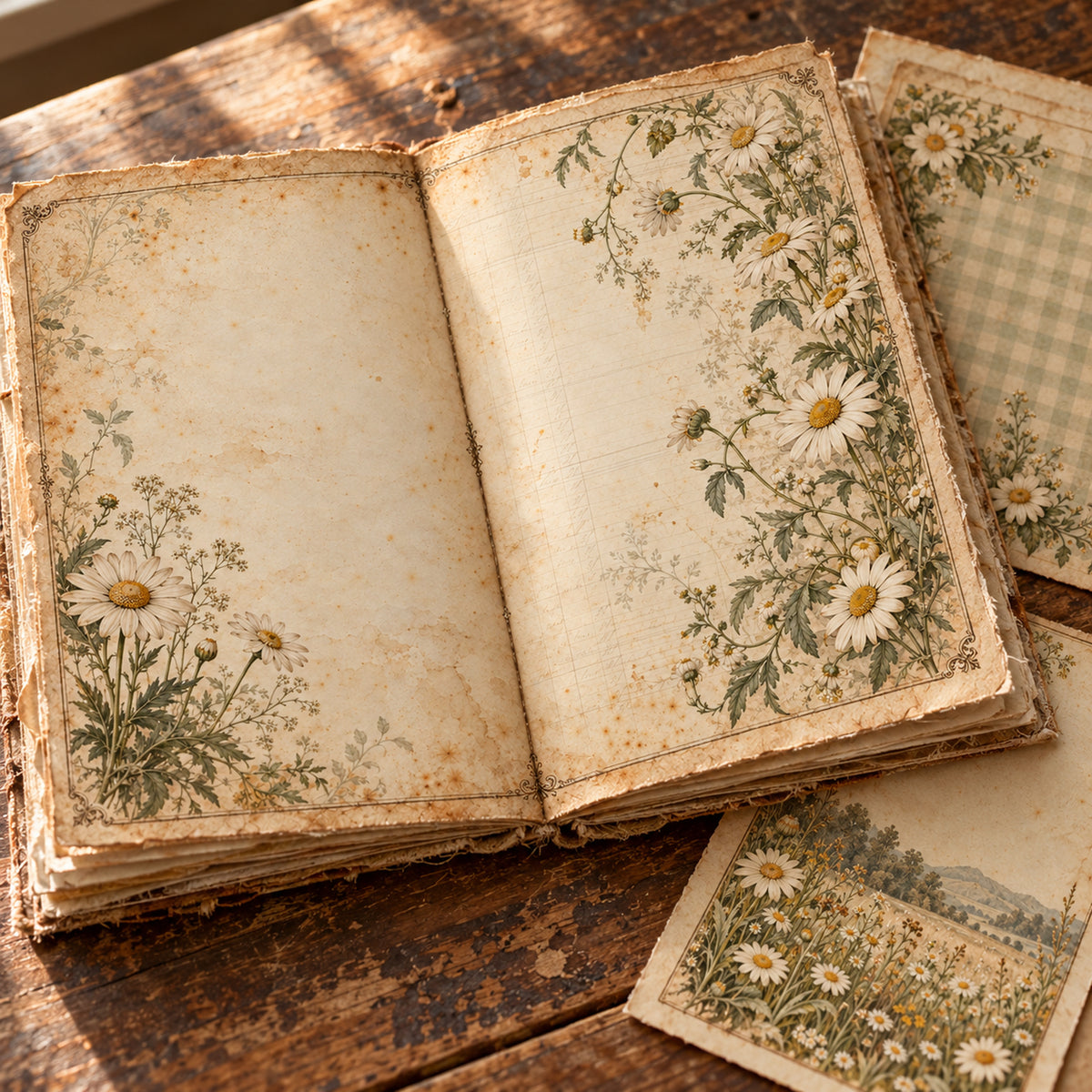 Vintage Daisy Junk Journal Kit - 15 Double-Page Spreads + 6 Ephemera Sheets