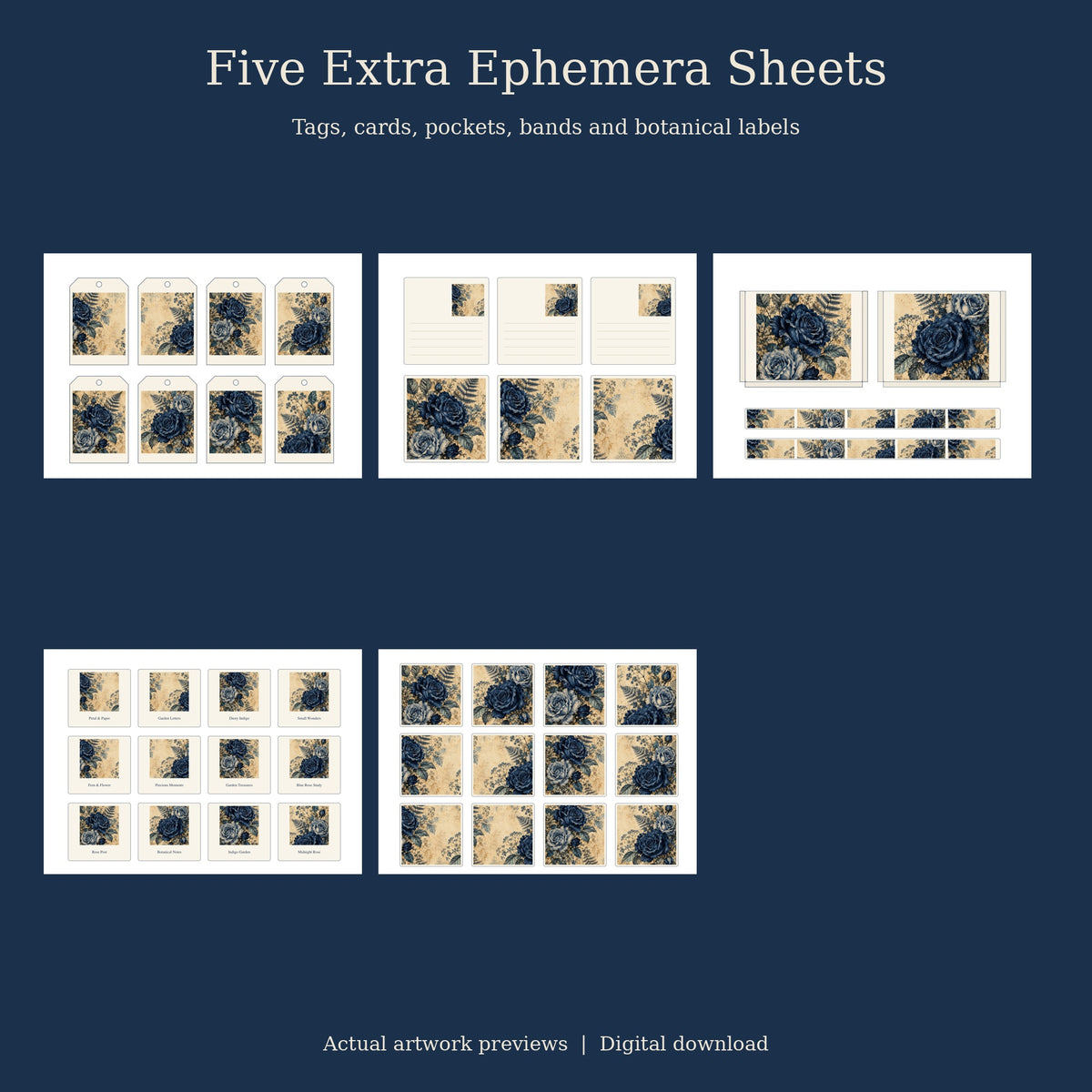 Midnight Indigo Rose - Printable Folio Kit, 12 Sheets, A4 & US Letter PDF