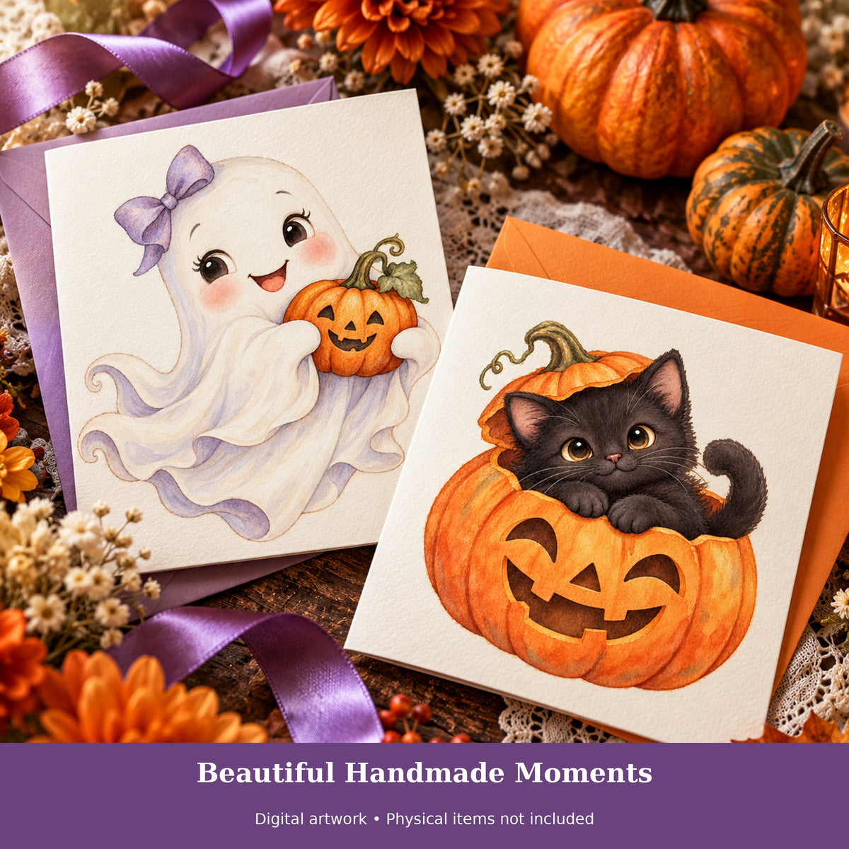 Cute Halloween Watercolor PNG Clipart, 12 Transparent Designs for Cards, Stickers, Scrapbooking and Sublimation