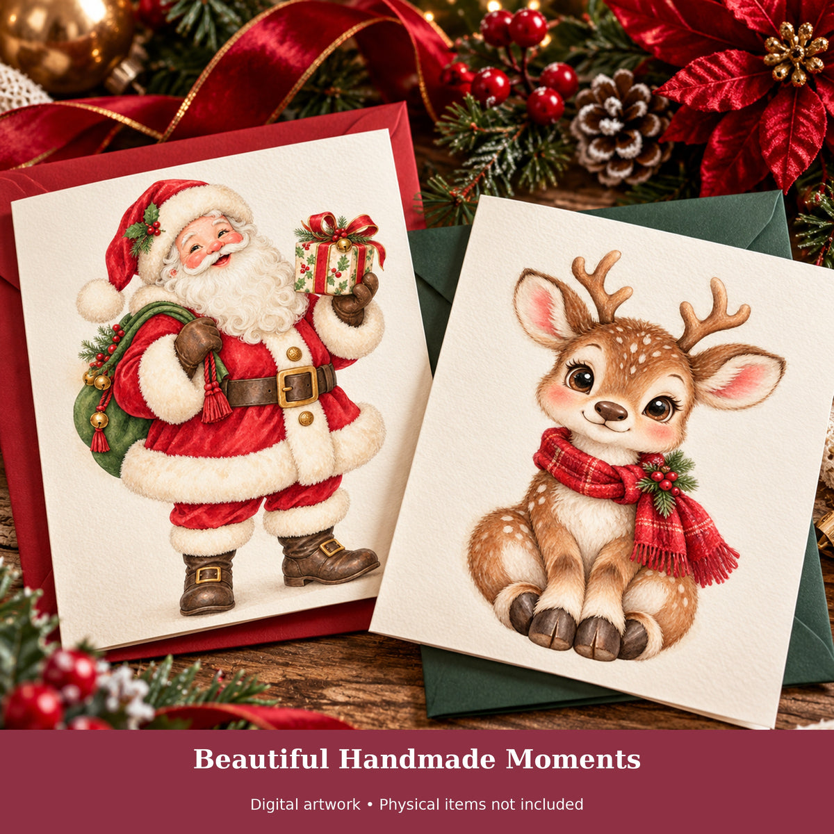 Cute Christmas Watercolor PNG Clipart, 12 Transparent Designs for Cards, Stickers, Scrapbooking and Sublimation
