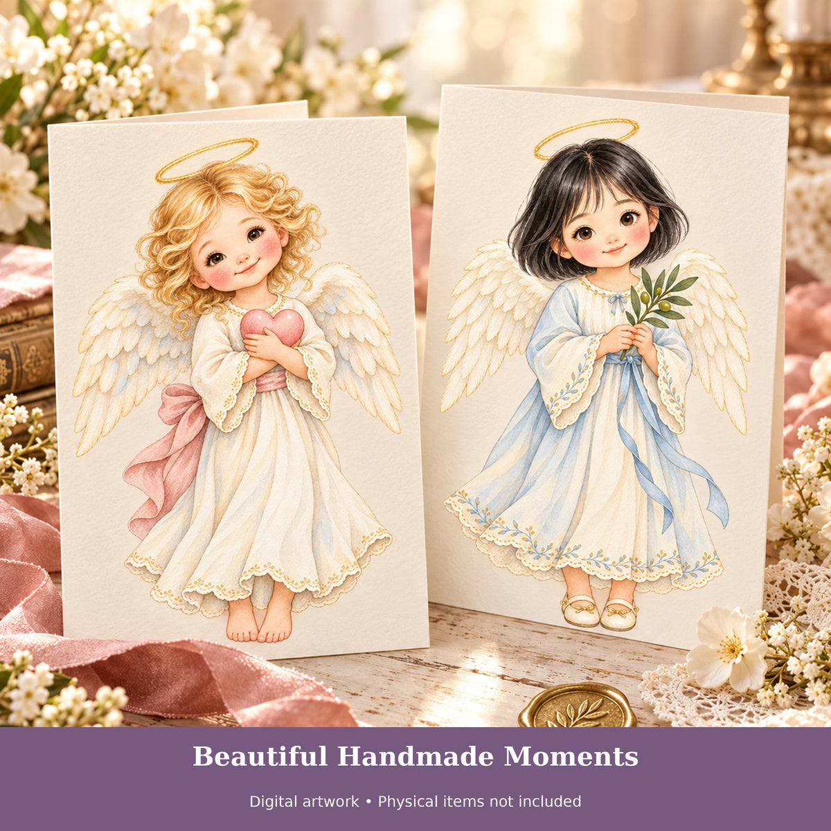 Cute Angel Watercolor PNG Clipart, 16 Transparent Designs for Cards, Stickers, Scrapbooking and Sublimation