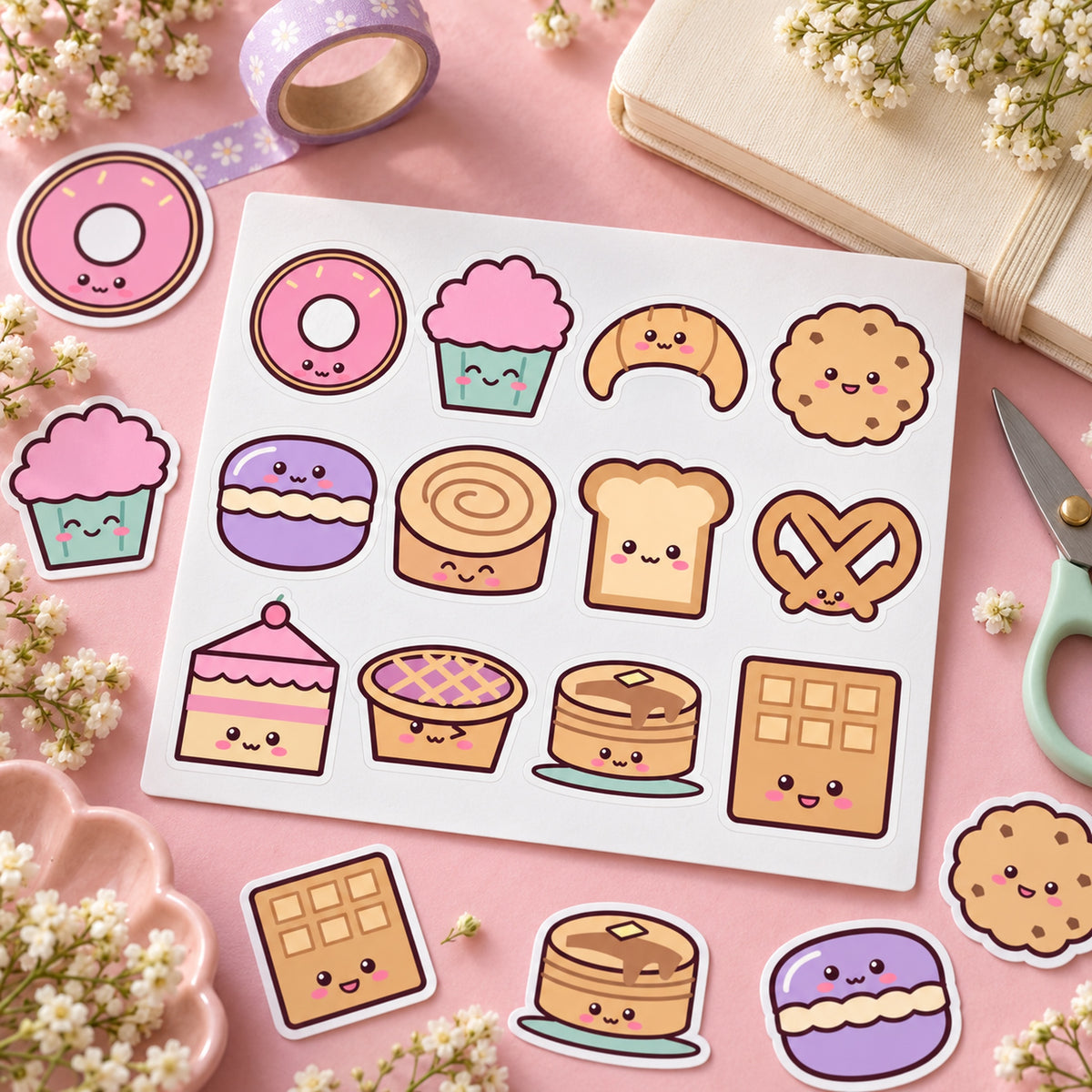 Kawaii Bakery SVG + PNG Pack, 12 Cute Pastel Cakes, Pastries and Cookies for Stickers, Sublimation and Crafts