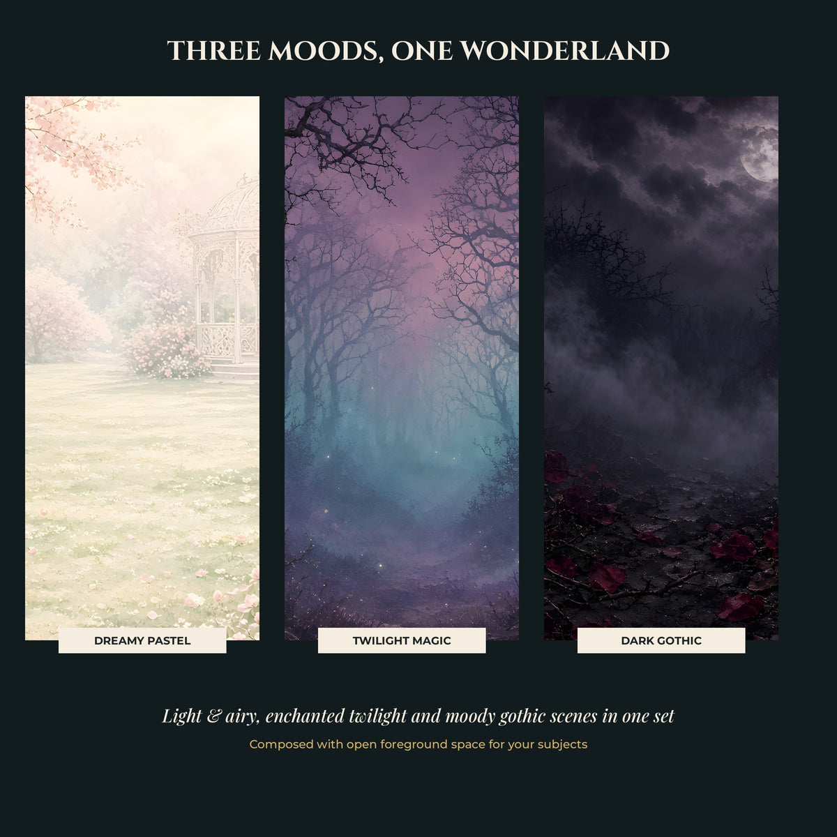 Pastel tea garden, Cheshire Cat twilight woods and dark gothic Wonderland previews