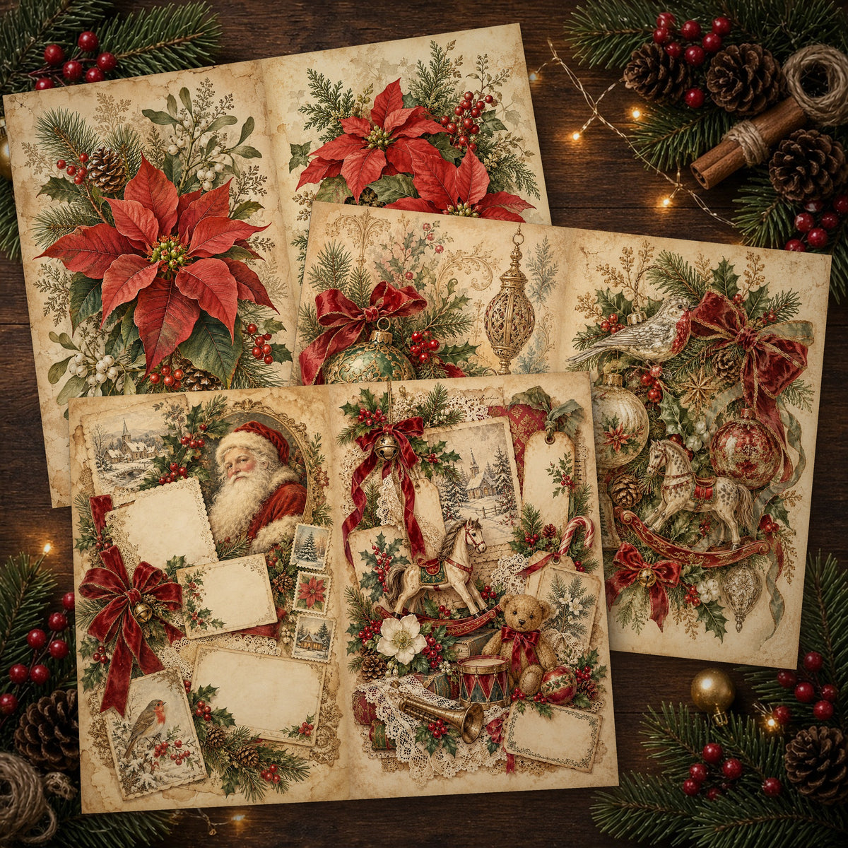 Printed vintage Christmas journal spreads on a wooden table