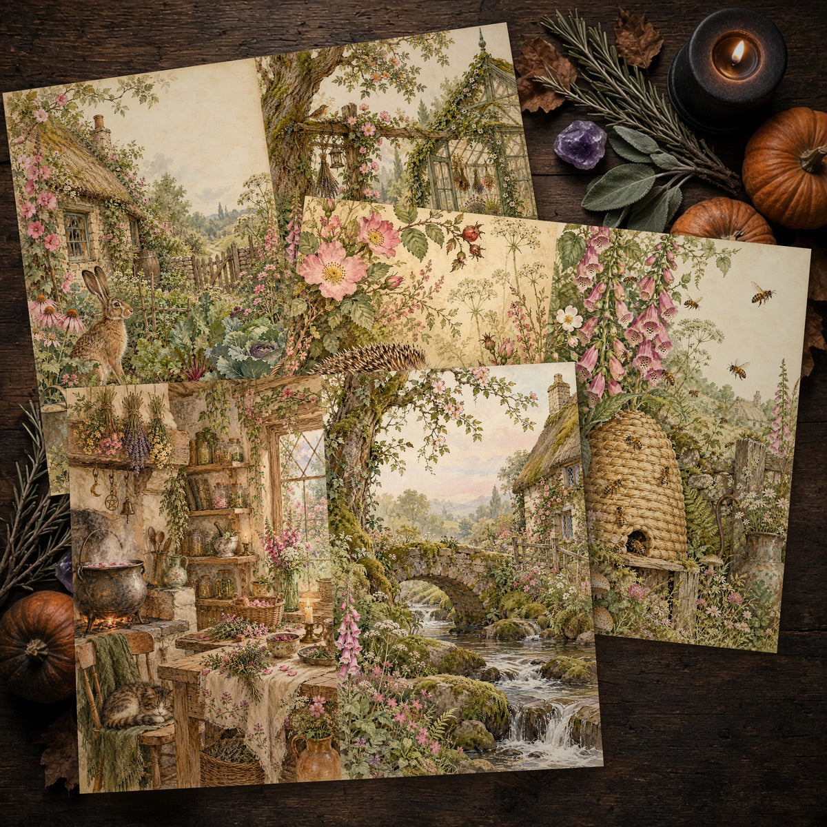 Printed Cottage Hedge Witch journal spreads on a wooden table
