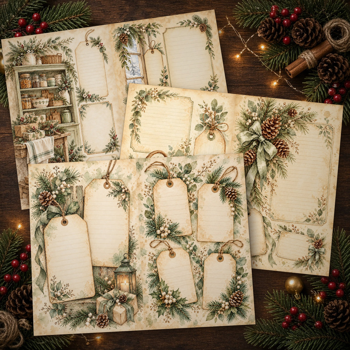 Printed Sage & Cream Rustic Watercolour Christmas journal spreads on a wooden table