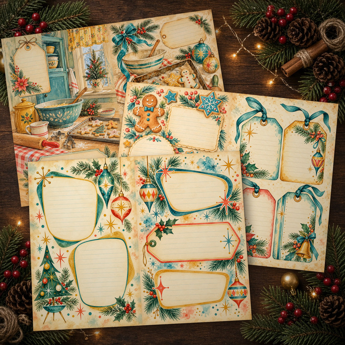 Printed Retro Teal & Mustard Watercolour Christmas journal spreads on a wooden table