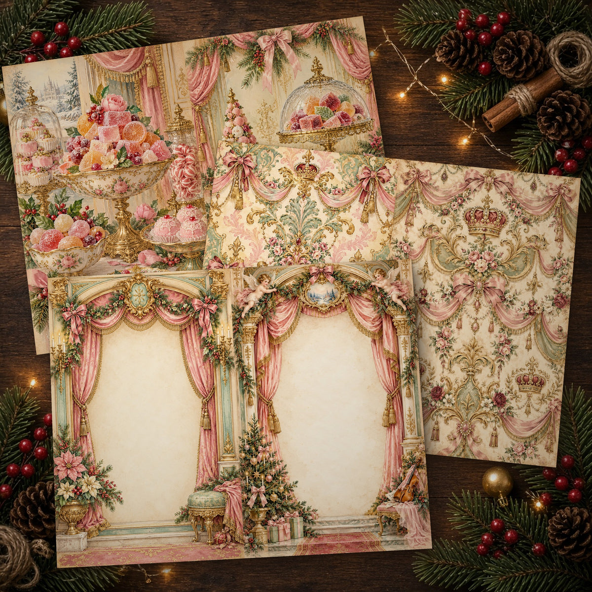 Printed Nutcracker Ballet Christmas journal spreads on a wooden table