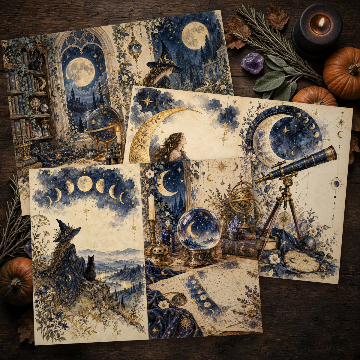 Printed Celestial Moon Witch journal spreads on a wooden table