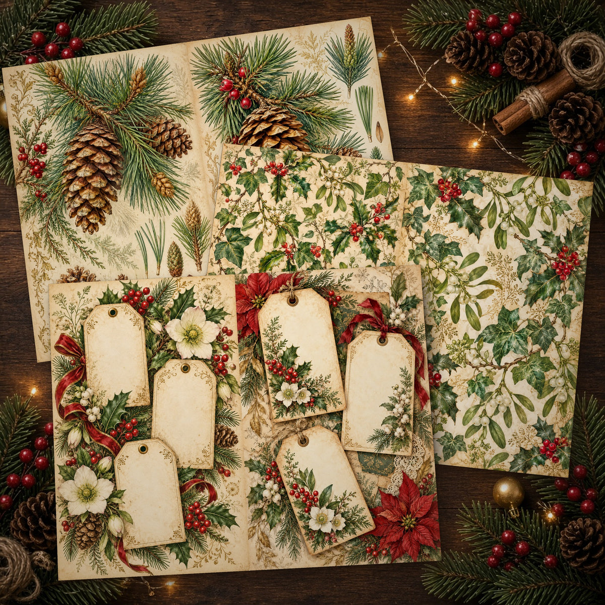 Printed Christmas Botanicals journal spreads on a wooden table