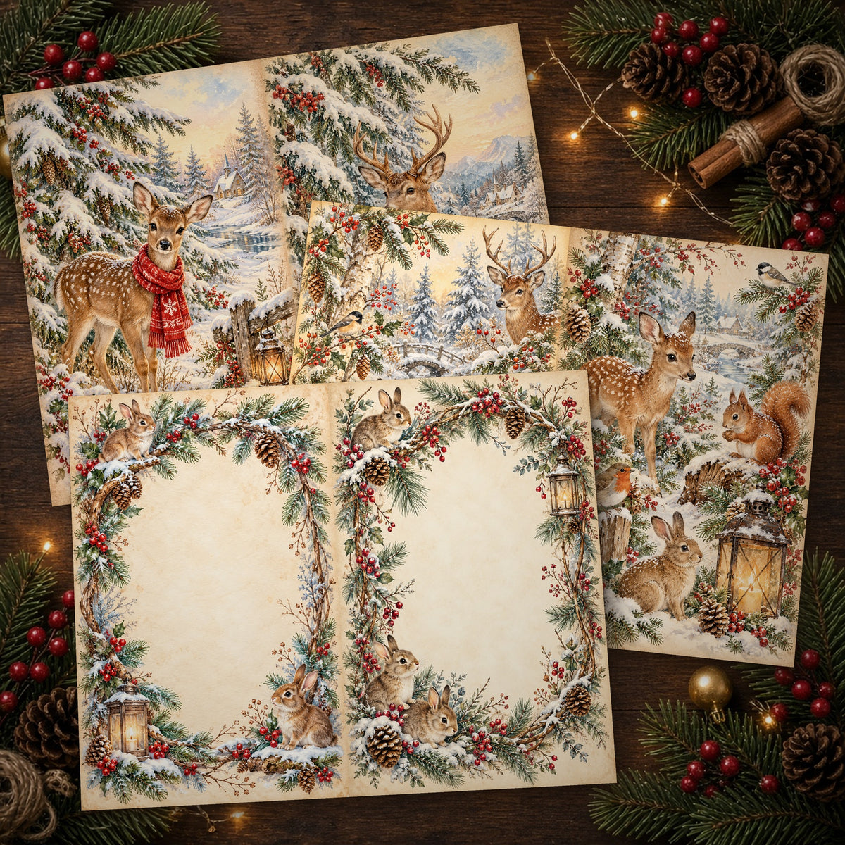 Printed Woodland Animal Christmas journal spreads on a wooden table