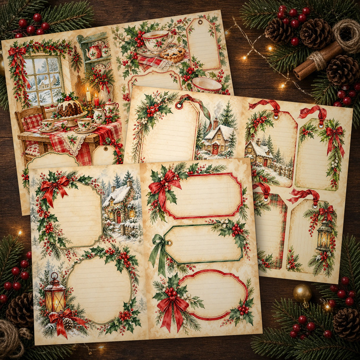 Printed Red & Green Cottage Watercolour Christmas journal spreads on a wooden table