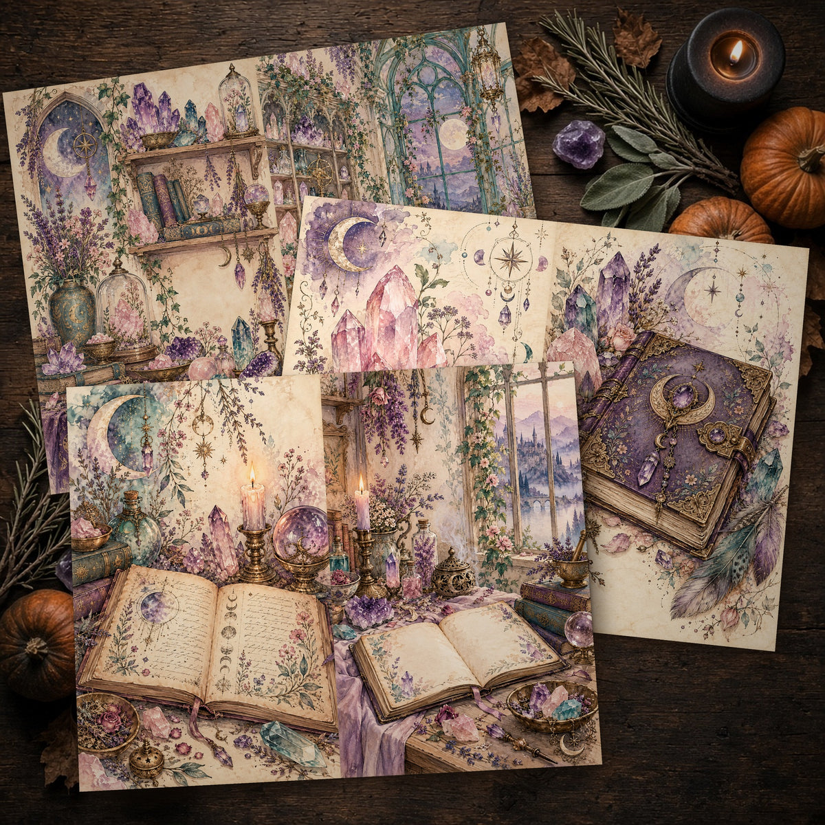 Printed Crystal Grimoire Witch journal spreads on a wooden table
