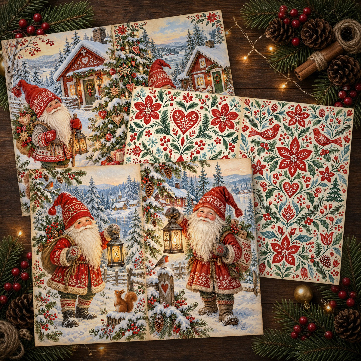 Printed Nordic Folk Christmas journal spreads on a wooden table