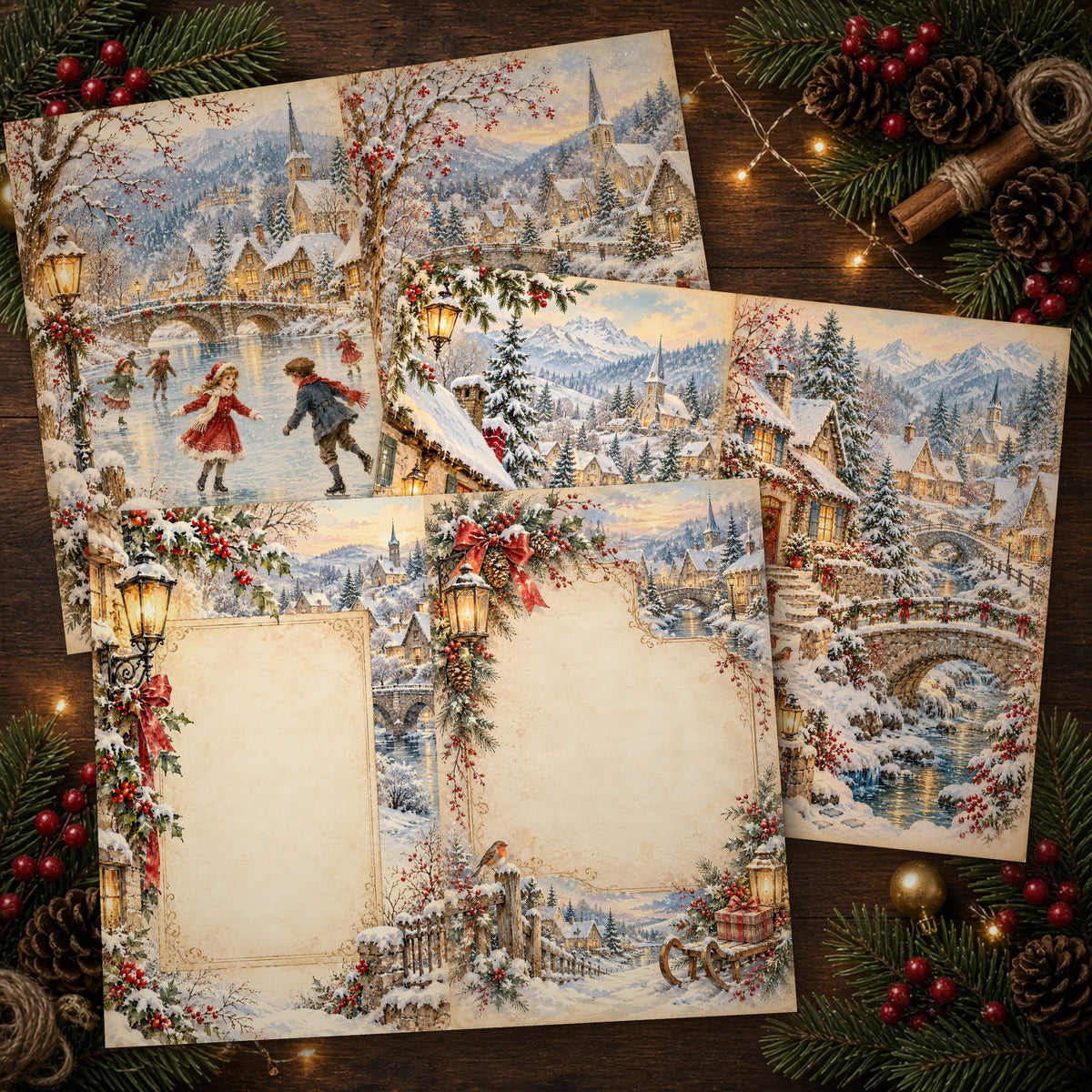 Printed Snowy Village Winter Wonderland journal spreads on a wooden table