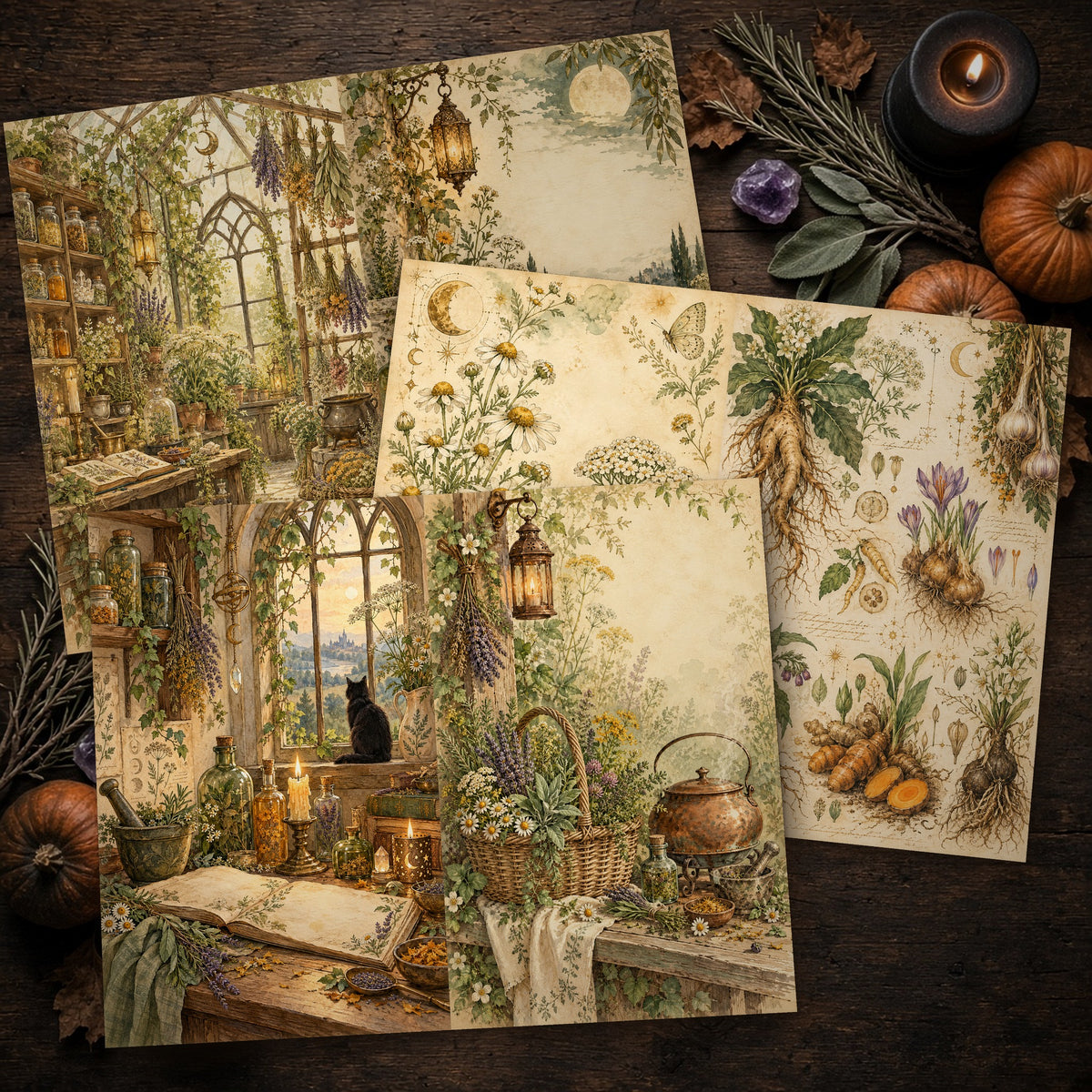 Printed Apothecary Herbal Witch journal spreads on a wooden table