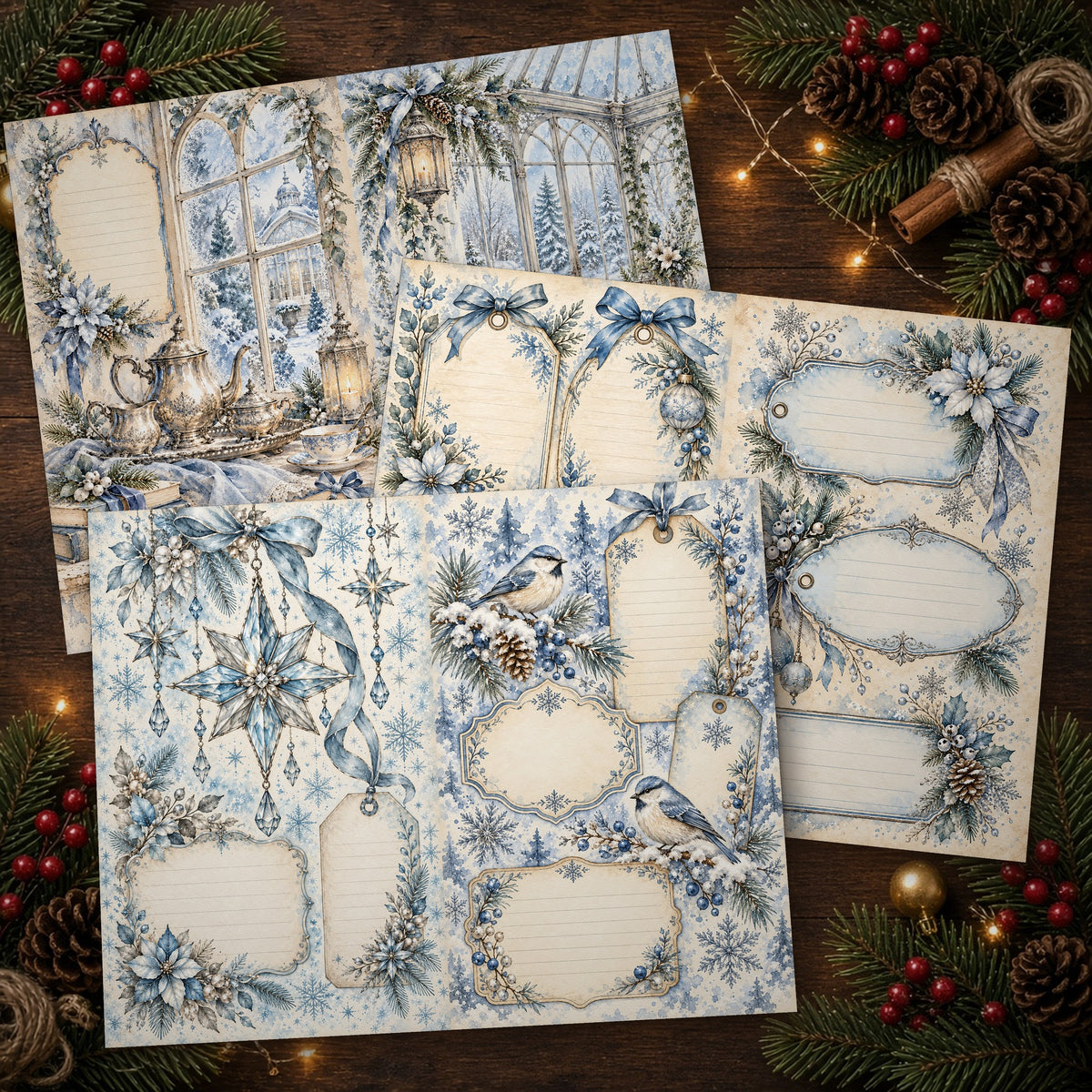 Printed Frosted Blue & Silver Watercolour Christmas journal spreads on a wooden table