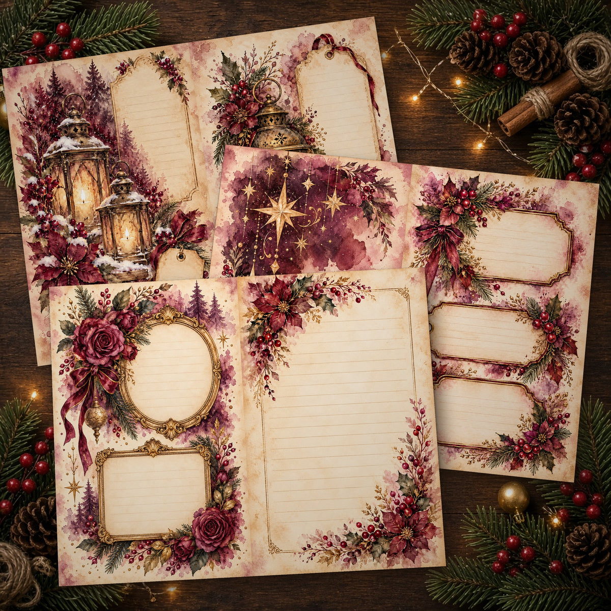 Printed Plum & Burgundy Midnight Watercolour Christmas journal spreads on a wooden table