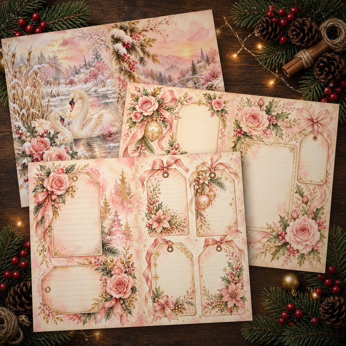 Printed Blush & Gold Watercolour Christmas journal spreads on a wooden table