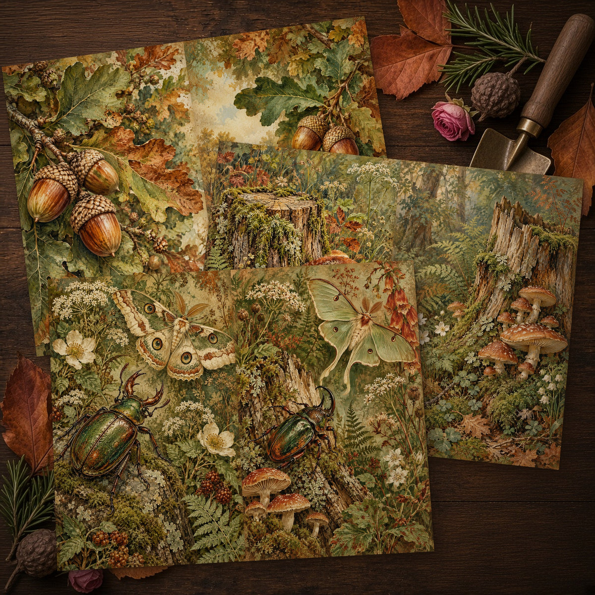 Printed Woodland Mushroom Garden journal spreads on a wooden potting table