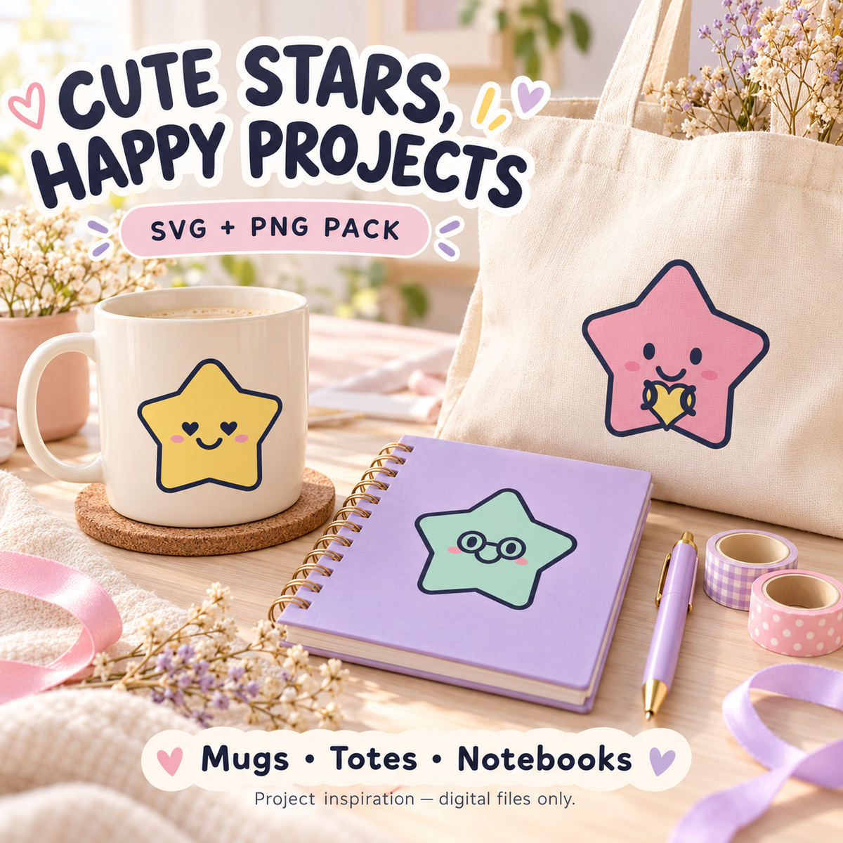 Kawaii Stars SVG Pack – 12 Cute Pastel Star Characters with Transparent PNGs for Crafts and Sublimation