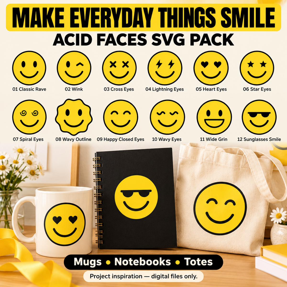 Acid Faces SVG Pack – 12 Yellow Smiley Designs with Transparent PNGs for Retro Rave Crafts and Sublimation