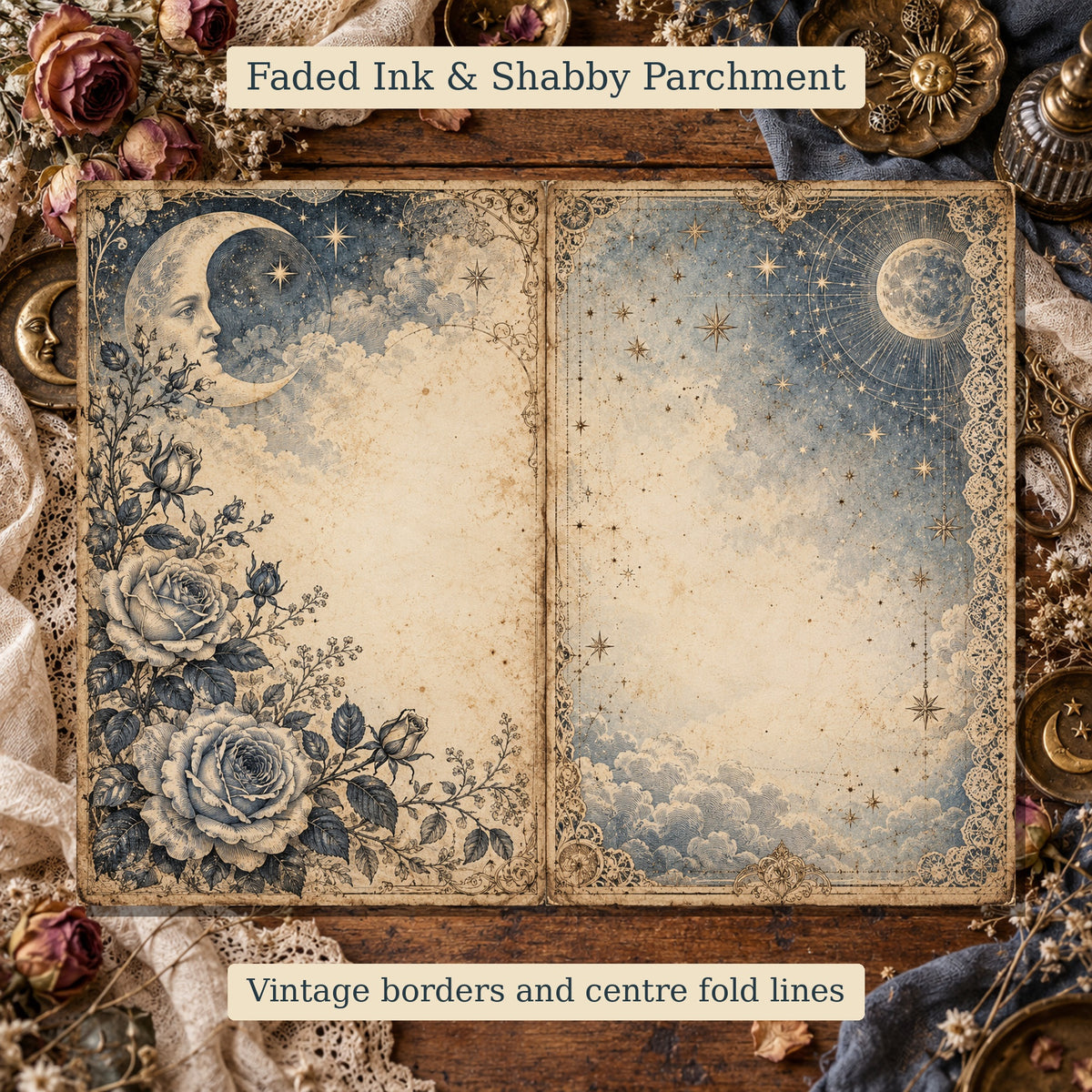 Faded Celestial Atlas Junk Journal Kit - 12 Double-Page Spreads + 6 Ephemera Sheets