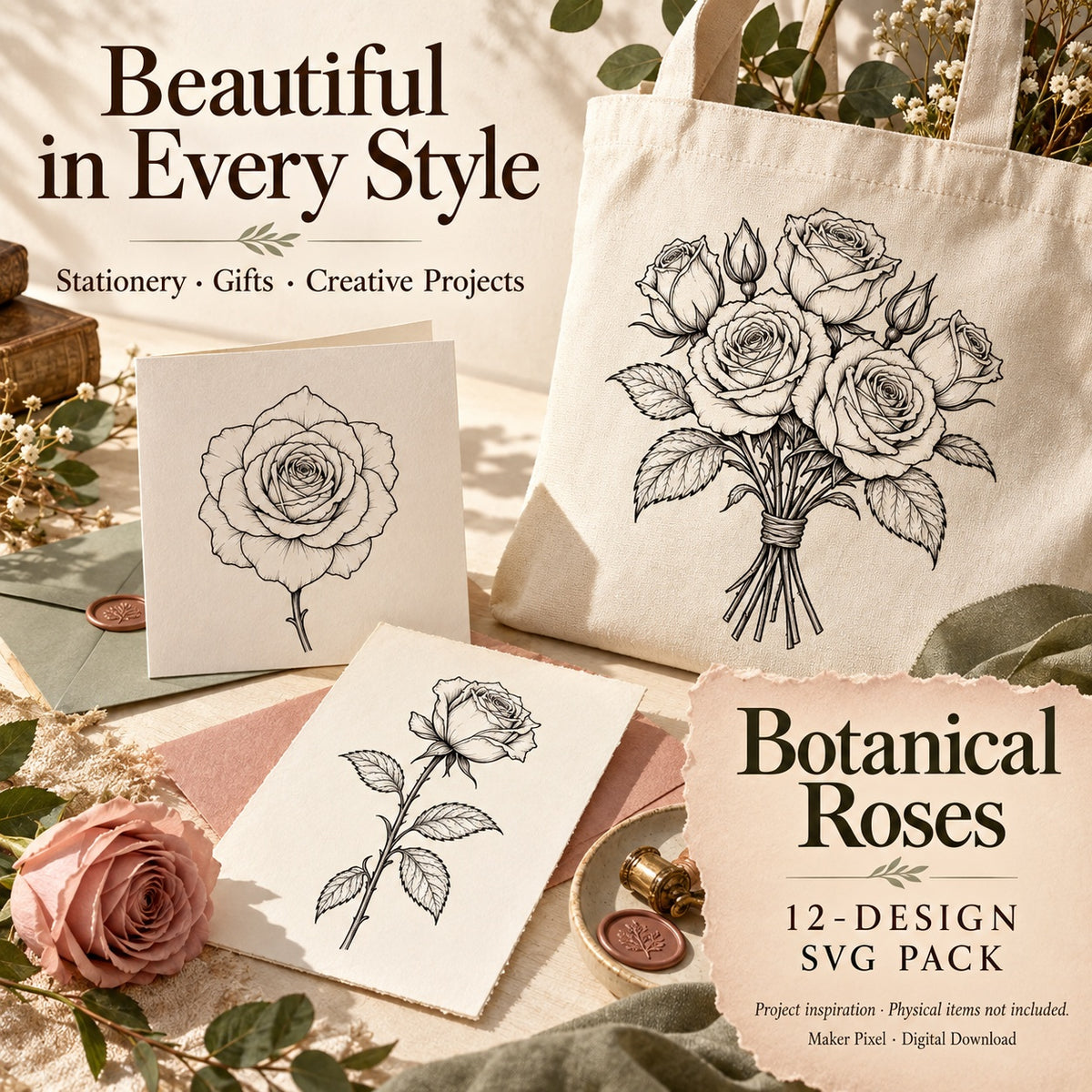 Botanical Roses SVG Pack – 12 Vintage Fine Art Line Drawings