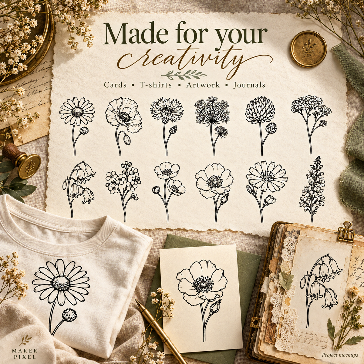 Vintage Wildflower SVG Set - 12 Fine Line Botanical Illustrations