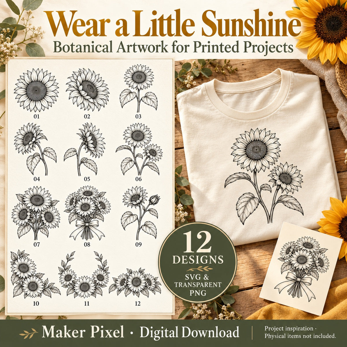 Botanical Sunflowers SVG & PNG Pack – 12 Vintage Line Art Designs