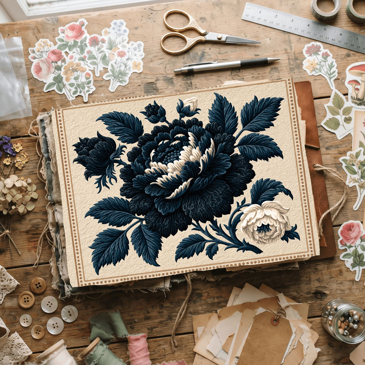 Vintage Black Ink Floral Illustration